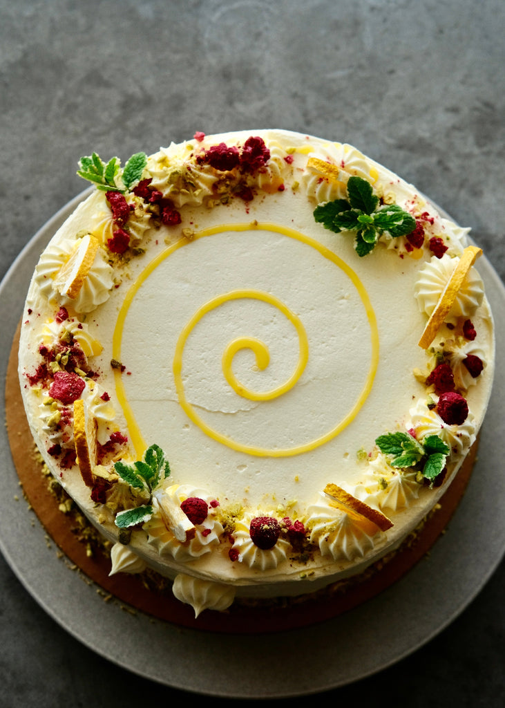 Lemon, Raspberry & Pistachio Layer Cake