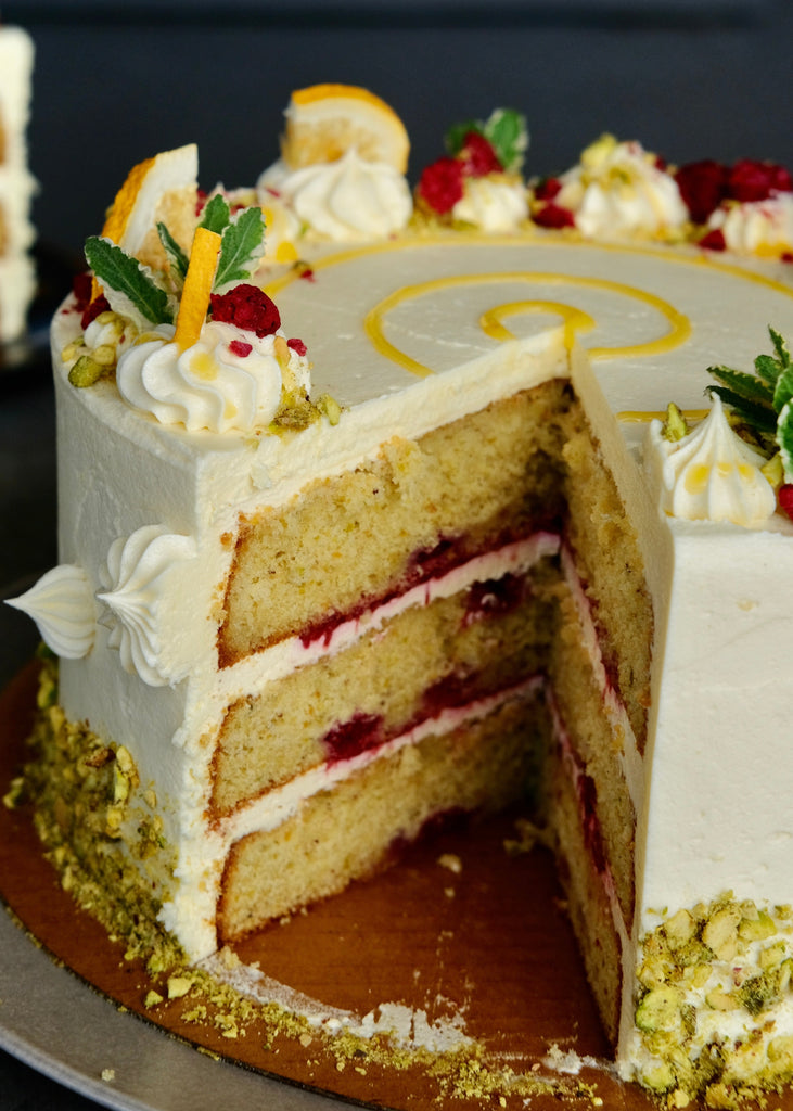 Lemon, Raspberry & Pistachio Layer Cake